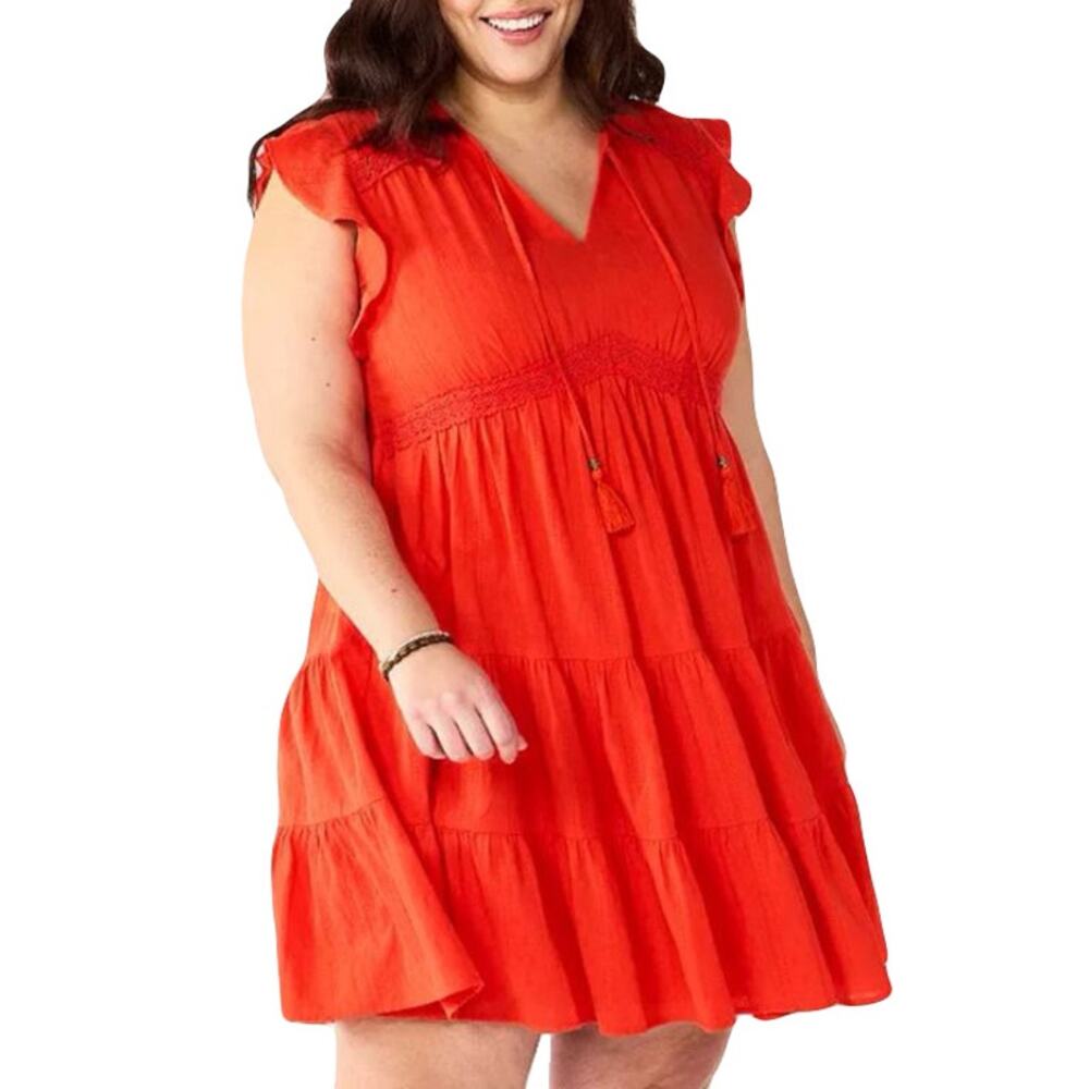 NWOT SONOMA Dress XXL Orange Crochet Embroidery Tiered Tassels Short-Slv Lined